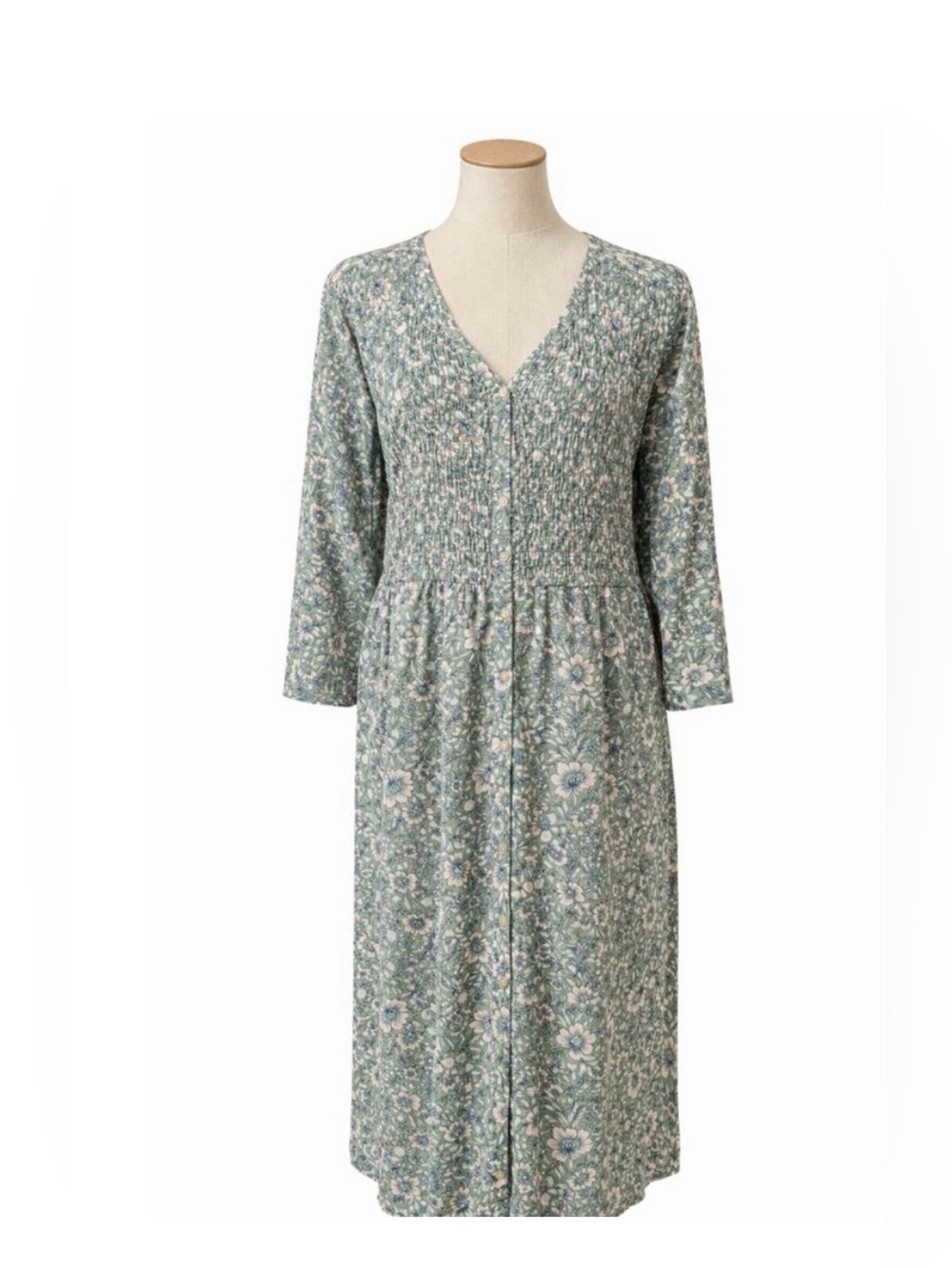 J Jill Smocked Green Floral Dress. 3/4 Sleeves, Size XL